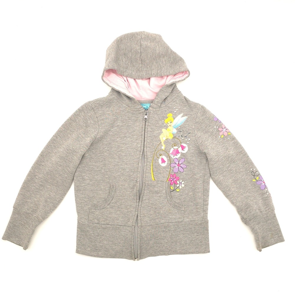 Vintage Y2K Disney Fairies Tinker Bell Hoodie Gray Floral Zip Up Sweatshirt L 6